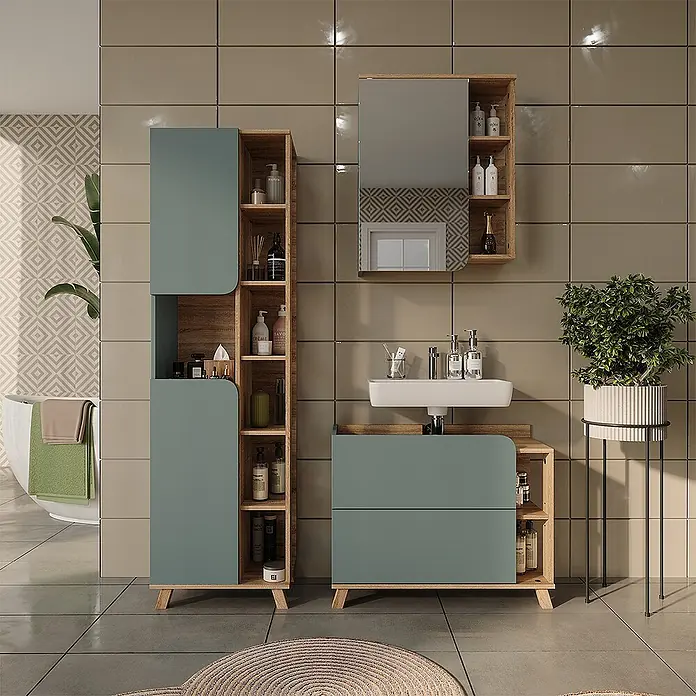 Vicco Badmöbel-Set Karen, Blau/Sonoma 80 cm -  - Modernes Badmöbelset: ein hoher Aufbewahrungsschrank und ein Waschtisch mit Waschbecken, mit Holzrahmen und staubgrünen Paneelen. Inklusive Spiegelschrank.