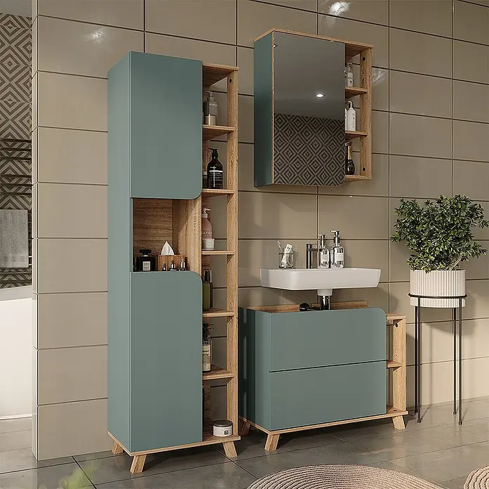 Badmöbel-Set Karen 80 cm Blau Art.-Nr. 65841 -  - Modernes Badezimmermöbelset in Petrolgrün und Holzoptik mit Hochschrank, Waschtisch und Spiegelschrank.