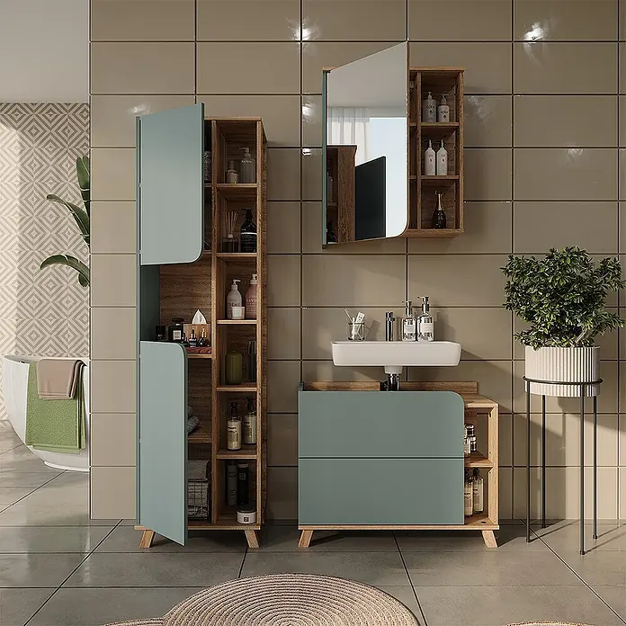 Badmöbel-Set Karen 80 cm Blau Art.-Nr. 65841 -  - Badezimmermöbel-Set in Salbeigrün mit Holzdetails, bestehend aus Waschtisch, Spiegelschrank und hohem Stauraumschrank.