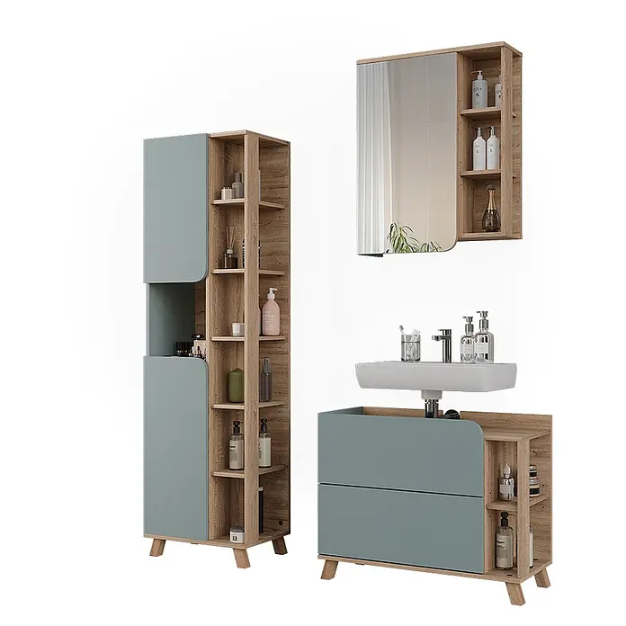 Vicco Badmöbel-Set Karen, Blau/Sonoma 80 cm -  - Modernes Badmöbel-Set: Holz-Hochschrank, Waschtisch mit Waschbecken und Spiegelschrank, blau-graue Akzente, offene Regale.