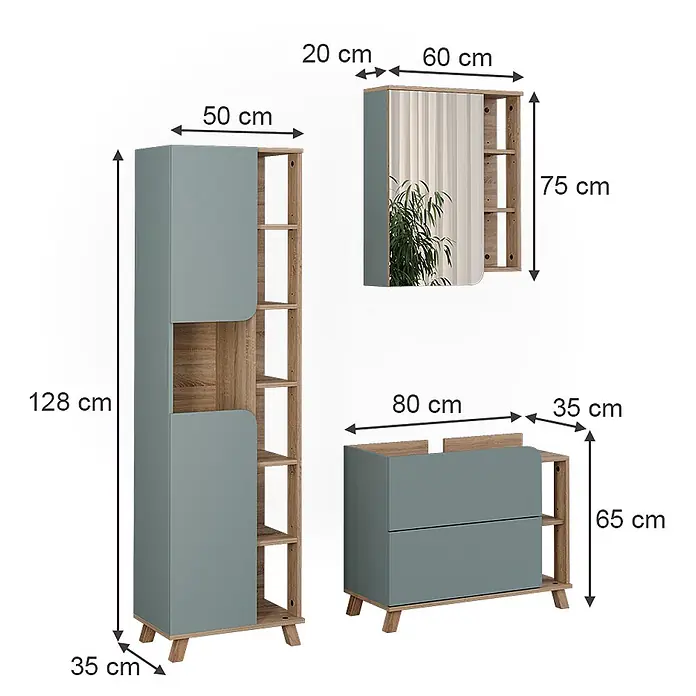 Vicco Badmöbel-Set Karen, Blau/Sonoma 80 cm -  - Aufbewahrungsmöbel-Set in Salbeigrün und hellem Holz, mit Hochschrank, Kommode und Wandschrank mit Spiegel und offenen Regalen.