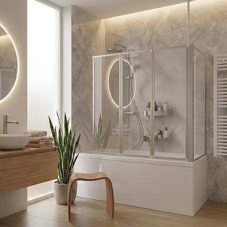 Interpromo  Badewannenaufsatz 3-teilig ESG-Glas 129 x 140 cm faltbar mit Seitenwand Alunatur