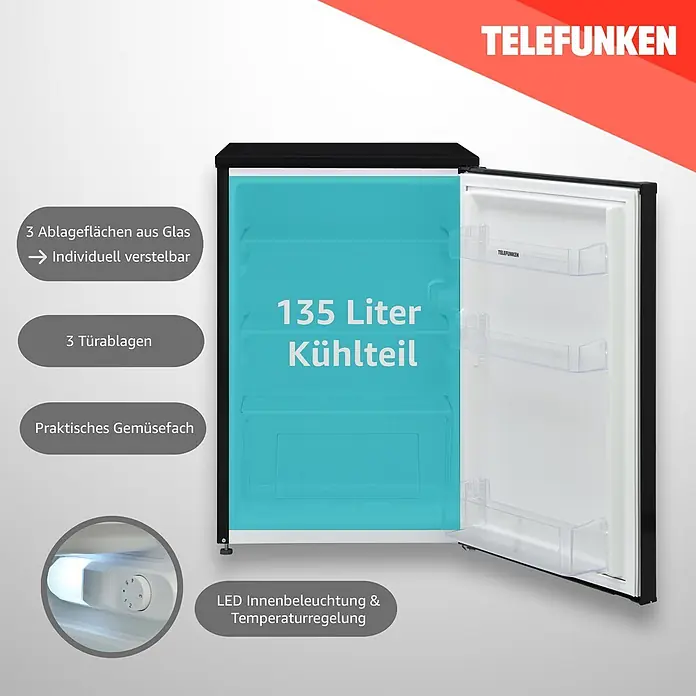 Telefunken Vollraumkühlschrank C-135-100-DI - Nutzinhalt Gesamt: 135 l, 59,5 cm x 540 mm x 838 mm, Schwarz