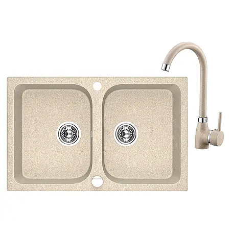 Bad Land  Einbauspüle CELIA Spülen-Set 48 x 76 cm Beige, Doppelbecken, m. Armatur