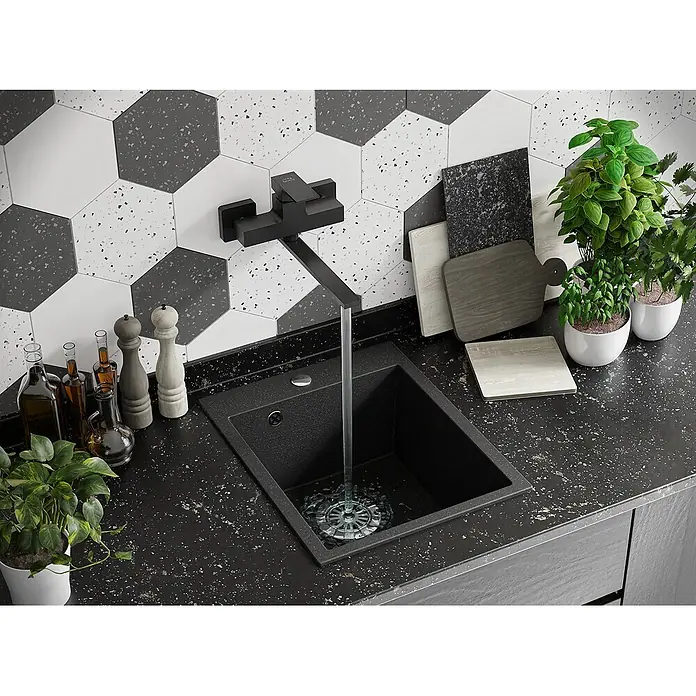 Bad Land Einbauspüle CHICHI Granitspüle 48 x 39 cm Schwarz, Einzelbecken, Siphon - 39 x 48 cm, Verbundwerkstoff