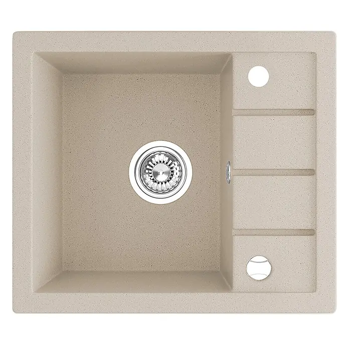 Bad Land Einbauspüle TRZYNASTKA Granitspüle Beige, Einzelbecken, kurze Abtropffl., Siphon - 57 x 49,5 cm, Verbundwerkstoff