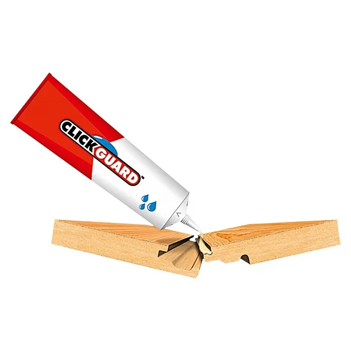 LOGOCLIC Fugenversiegelung Clickguard - 110 g - Abbildung von ClickGuard-Klebstoff, der auf eine Holzbodenplatte aufgetragen wird, ideal zum Schutz vor Feuchtigkeit und zur Erhöhung der Lebensdauer.