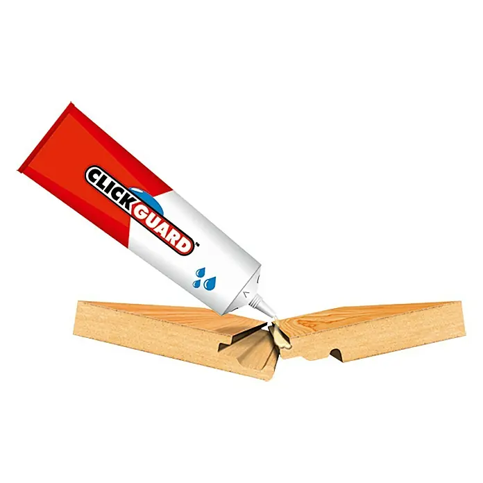 LOGOCLIC Fugenversiegelung Clickguard - 110 g - Abbildung von ClickGuard-Klebstoff, der auf eine Holzbodenplatte aufgetragen wird, ideal zum Schutz vor Feuchtigkeit und zur Erhöhung der Lebensdauer.