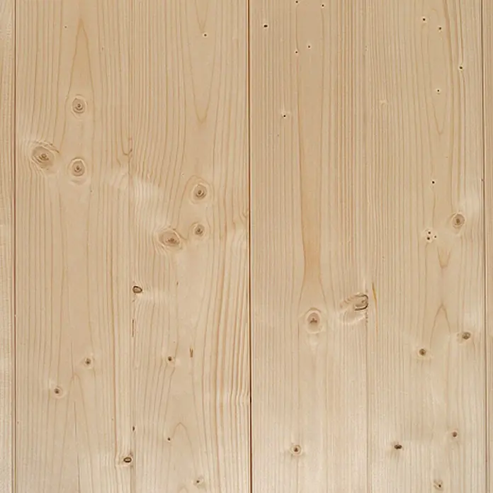 Rauhspund - 3.000 x 115 x 19 mm, Fichte/Tanne - Nahaufnahme von hellem Fichtenholz mit Astlöchern und Maserung. Ideal für rustikale Möbel und Wandverkleidungen.