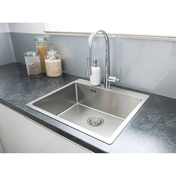 Bad Land Einbauspüle MARMARA Granitspüle 51 x 59 cm, Einzelbecken, Siphon - 59 x 51 cm, Edelstahl