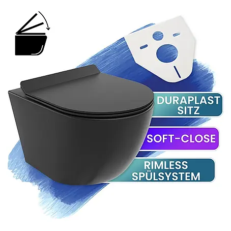 Bad Land  Wand-WC ROLO Wand-WC Schwarz, randlos, Slim Soft-Close WC-Sitz
