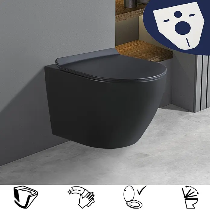 Bad Land Wand-WC ROLO Wand-WC Schwarz, randlos, Slim Soft-Close WC-Sitz - WC Abgang: Waagerecht, Schwarz