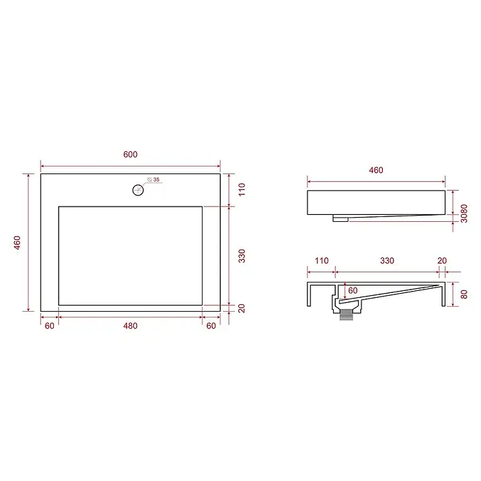 LOMAZOO Badmöbel-Set AZU-GW-WW-60 - Gesamtbreite Badmöbel: 60 cm - Rechteckiges Waschbecken, 600x460 mm, mit integrierter Schale, Hahnloch und geneigtem Abfluss.