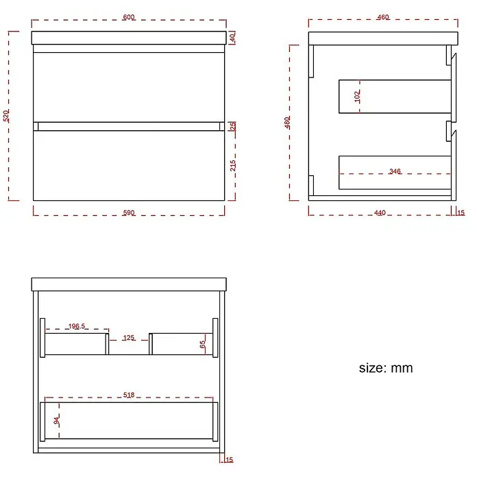 LOMAZOO Badmöbel-Set AZU-GW-WW-60 - Gesamtbreite Badmöbel: 60 cm - Technischer Plan eines Schranks mit zwei Schubladen und Maßen, geeignet als Waschtischunterschrank.
