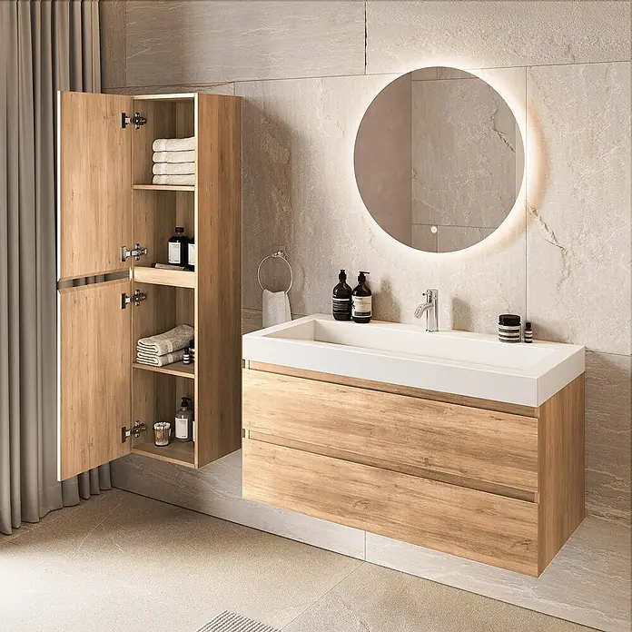 LOMAZOO Badmöbel-Set AZU-LE-WW-100 - Gesamtbreite Badmöbel: 100 cm - Modernes Badezimmermöbel-Set aus hellem Holz mit weißem Waschbecken, Schubladen und offenem Hochschrank.