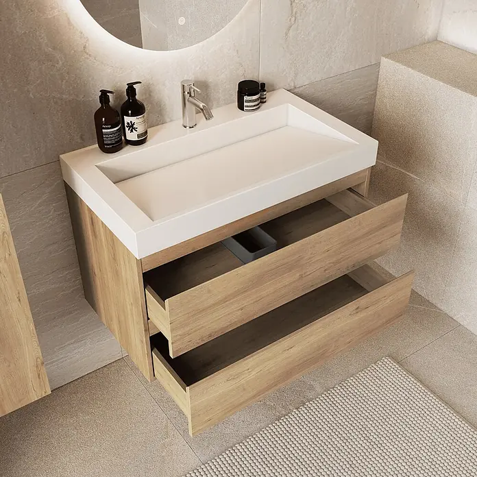 LOMAZOO Badmöbel-Set AZU-LE-WW-80 - Gesamtbreite Badmöbel: 80 cm - Heller Holz-Badezimmerschrank mit weißem Waschbecken und zwei offenen Schubladen in einem modernen Bad.