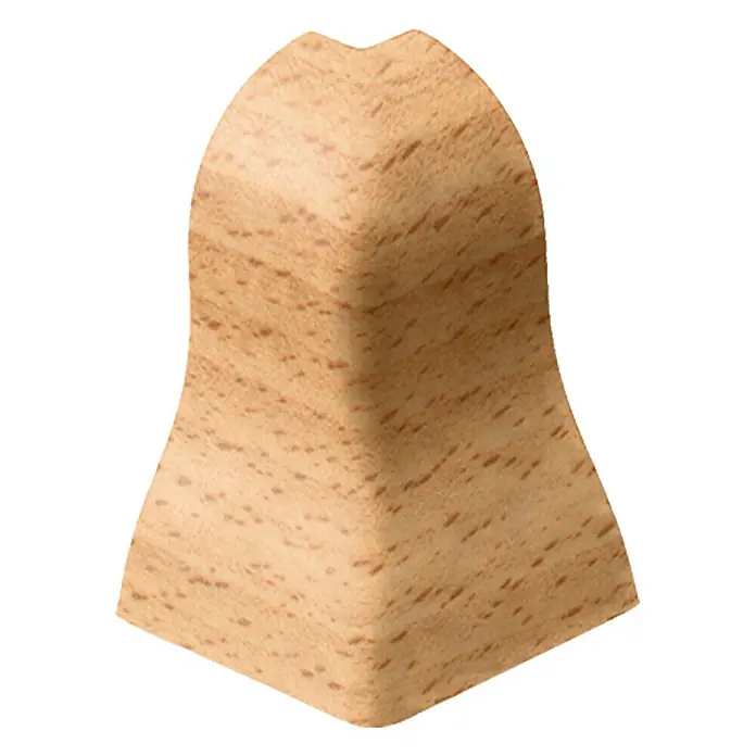 LOGOCLIC Außenecke K40 - Buche, 2 Stk., Geeignet für: Sockelleiste K40 - Nahaufnahme einer Eckrosette aus Holz mit einzigartiger Maserung und warmer Farbe, ideal für Möbelrestaurierung.