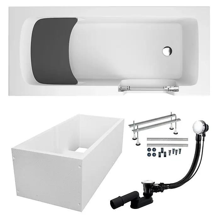 Bad Land Freistehende Badewanne AVO Wanne 180 x 80 cm rechts Weiß, Tür und Sitz, Set mit Wannenträger - Acryl, Weiß