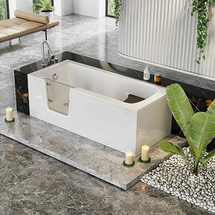 Bad Land Freistehende Badewanne VOVO Seniorenbadewanne 170 x 75 cm links Weiß, mit Tür und Sitz - Acryl, Weiß