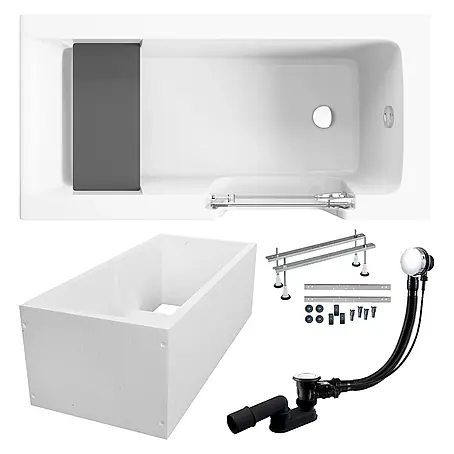 Bad Land  Freistehende Badewanne AVO Wanne 140 x 70 cm rechts Weiß, Tür und Sitz, Set mit Wannenträger