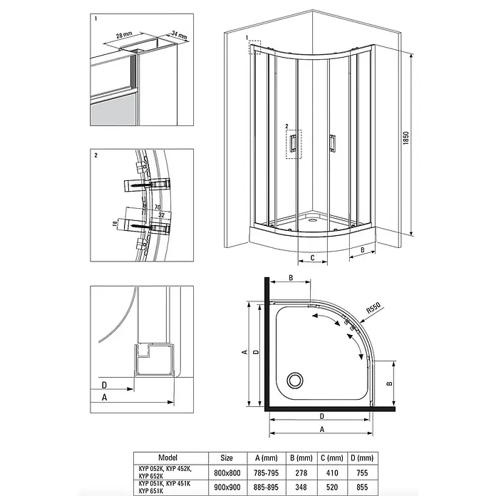 Bad Land Eckdusche FUNKIA Duschkabine Viertelkreis 90 x 90 x 185 cm Silber, 5 mm, Klarglas - Beschichtet, Silber, Stärke: 5 mm