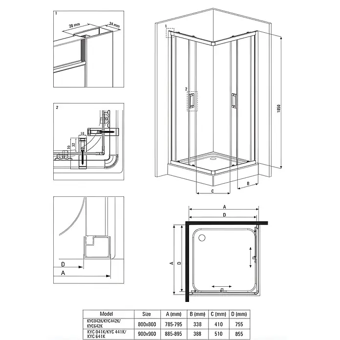 Bad Land Eckdusche FUNKIA Duschkabine quadratisch 80 x 80 x 185 cm Silber, 5 mm, Graphitglas - Beschichtet, Silber, Stärke: 5 mm - Technisches Diagramm einer Eckduschkabine mit Schiebetüren und Maßen, erhältlich in 800x800mm und 900x900mm.