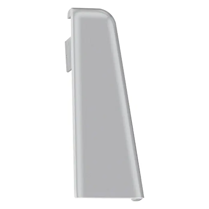 LOGOCLIC Endkappe K58 - Silber, 4 Stk., Geeignet für: Sockelleiste K58 C - Graue Leiste aus Kunststoff, die als Abdeckung oder Zierleiste dienen könnte. Detailaufnahme mit Fokus auf Form und Material.