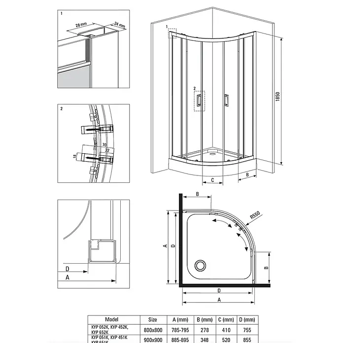 Bad Land Eckdusche FUNKIA Duschkabine Viertelkreis 80 x 80 x 185 cm Silber, 5 mm, Graphitglas - Beschichtet, Silber, Stärke: 5 mm