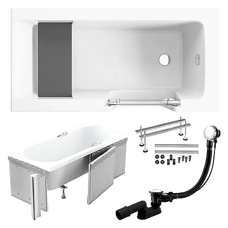 Bad Land  Freistehende Badewanne AVO Wanne 140 x 70 cm rechts Weiß Tür und Sitz, Set mit Styroporverkleidung