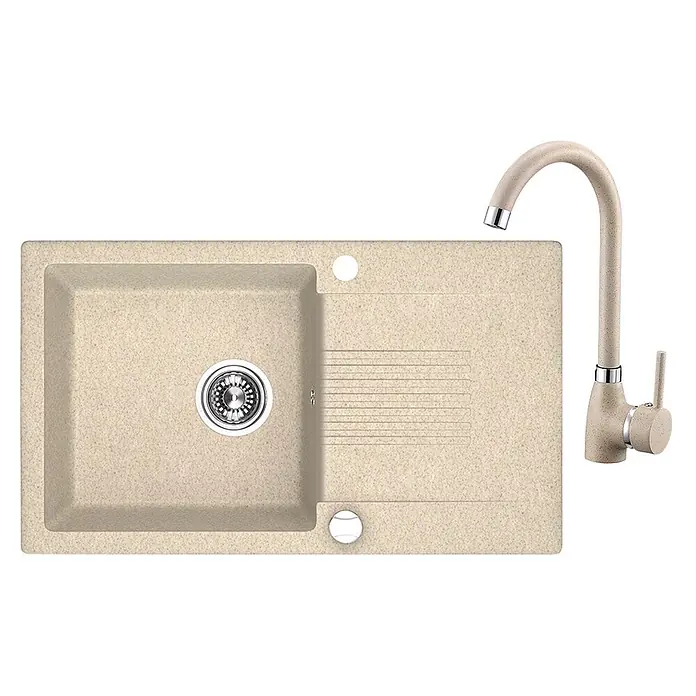 Bad Land Einbauspüle CELIA Spülen-Set 44 x 76 cm Beige, Einzelbecken, m. Armatur - 76 x 44 cm, Verbundwerkstoff