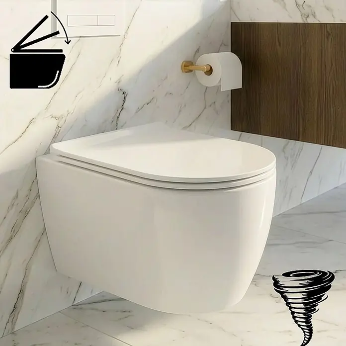 Bad Land Wand-WC VIRVEL Wand-WC Weiß, randlos, Tornado-Spülung, Slim Soft-Close WC-Sitz - WC Abgang: Waagerecht, Weiß