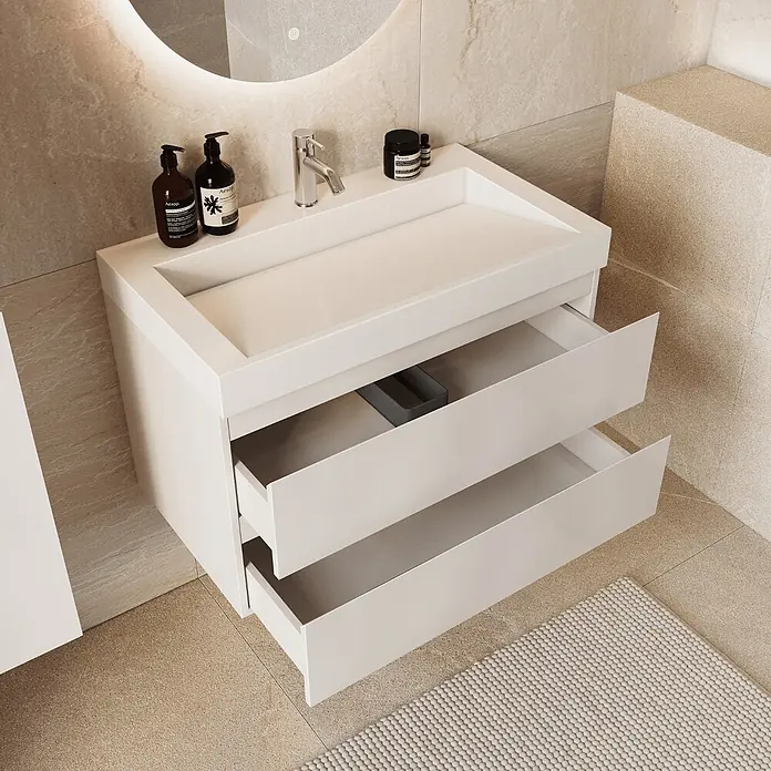 LOMAZOO Badmöbel-Set ZAR-GW-WW-80 - Gesamtbreite Badmöbel: 80 cm - Weißer Badezimmer-Waschtisch mit integriertem Waschbecken und zwei offenen Schubladen in einem modernen Bad.
