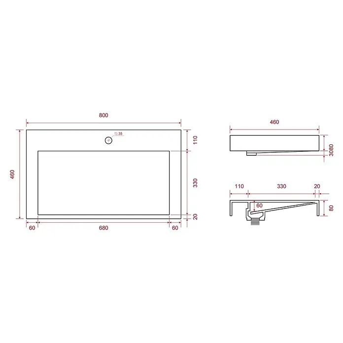 LOMAZOO Badmöbel-Set ZAR-GW-WW-80 - Gesamtbreite Badmöbel: 80 cm - Technisches Zeichnung eines rechteckigen Waschbeckens, 800x460mm, mit Draufsicht und Seitenansicht mit Abflussdetails.