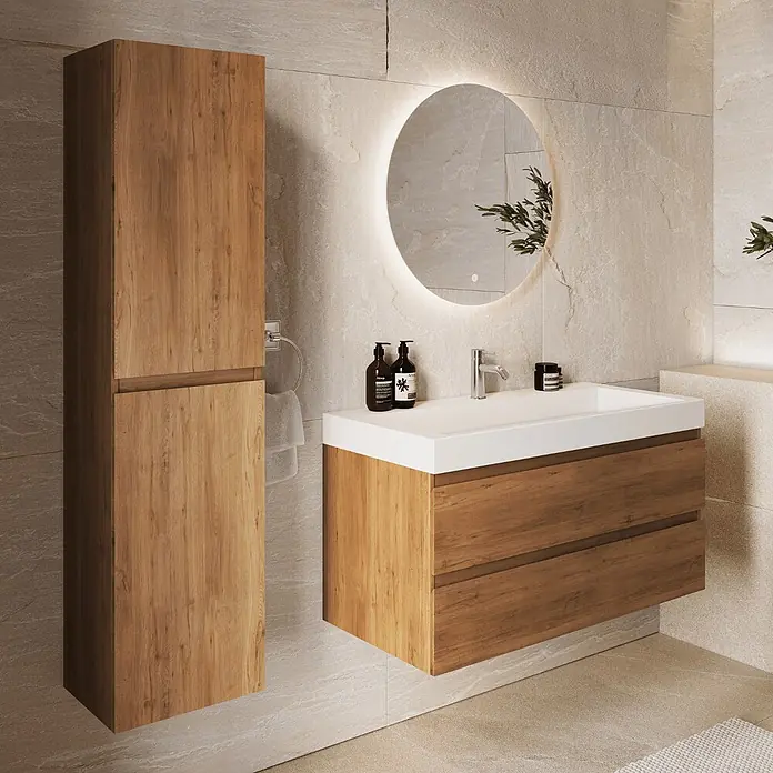 LOMAZOO AZURO Eiche warm - Weißes Waschbecken - Mit Hochschrank - 100 cm -  - Hölzerner Badezimmer-Waschtisch mit Waschbecken und passendem Hochschrank.