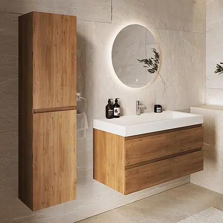 LOMAZOO AZURO Eiche warm - Weißes Waschbecken - Mit Hochschrank - 100 cm