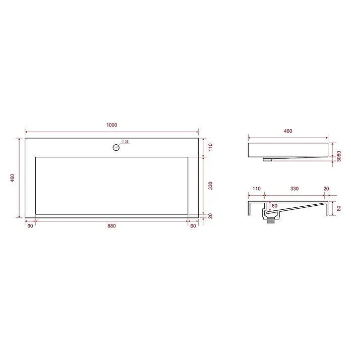 LOMAZOO Badmöbel-Set AZU-GW-WW-100 - Gesamtbreite Badmöbel: 100 cm - Technische Zeichnung eines rechteckigen Waschbeckens mit Maßen, Draufsicht, Seitenansicht und Querschnitt.