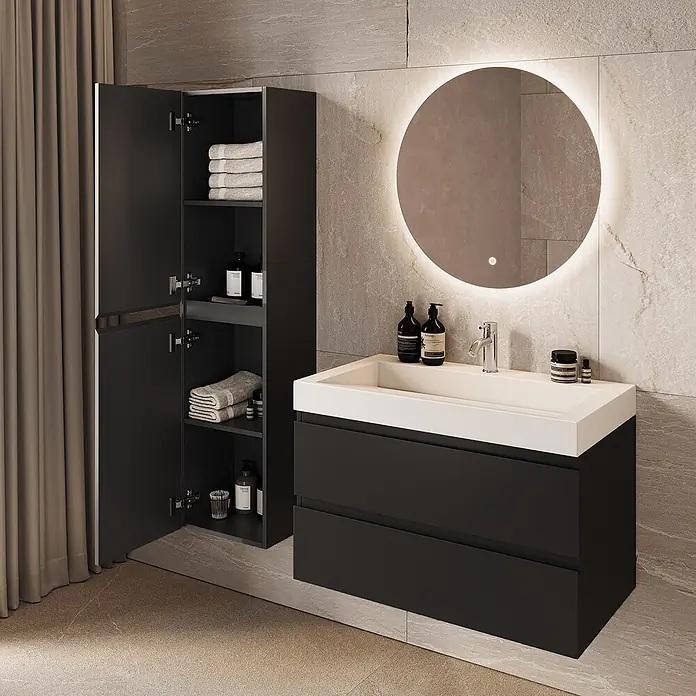 LOMAZOO Badmöbel-Set AZU-MZ-WW-80 - Gesamtbreite Badmöbel: 80 cm - Moderner dunkelgrauer Badunterschrank mit integriertem Waschbecken und passendem Hochschrank.