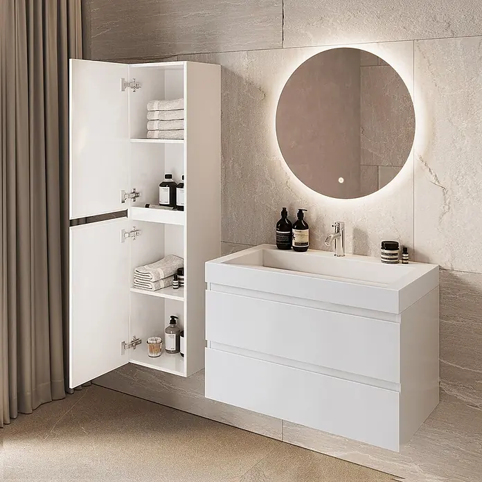 LOMAZOO Badmöbel-Set AZU-GW-WW-80 - Gesamtbreite Badmöbel: 80 cm - Weißer Badschrank mit integriertem Waschbecken und Hochschrank.