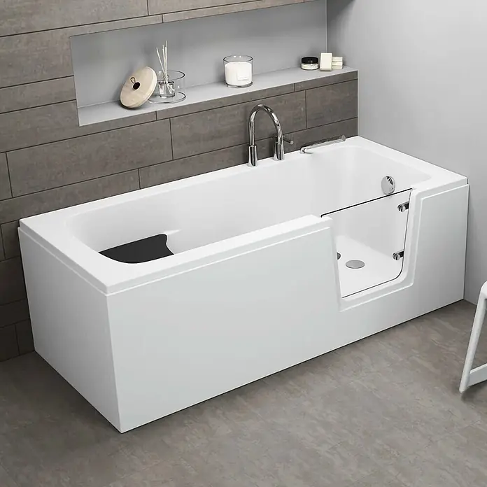 Bad Land Freistehende Badewanne AVO Wanne 170 x 75 cm rechts Weiß Tür und Sitz, Set mit Styroporverkleidung - Acryl, Weiß