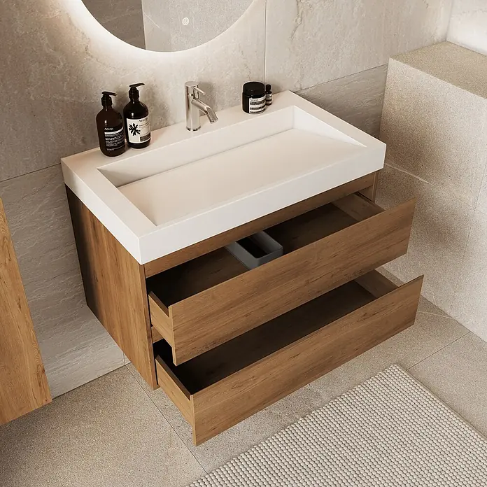 LOMAZOO Badmöbel-Set ZAR-WE-WW-80 - Gesamtbreite Badmöbel: 80 cm - Hölzerner Badschrank mit weißem integriertem Waschbecken und zwei offenen Schubladen.