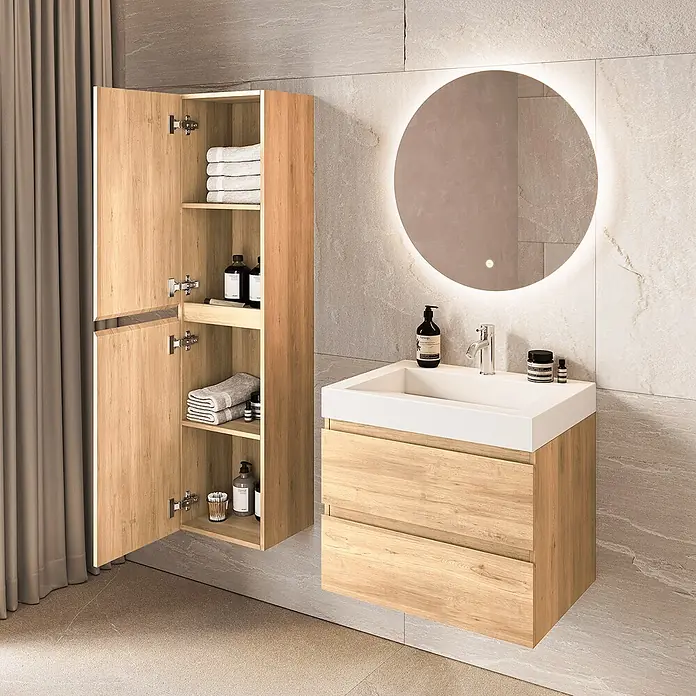 LOMAZOO Badmöbel-Set AZU-LE-WW-60 - Gesamtbreite Badmöbel: 60 cm - Badezimmermöbel aus hellem Holz mit Waschbecken, passendem Hochschrank und beleuchtetem Spiegel.
