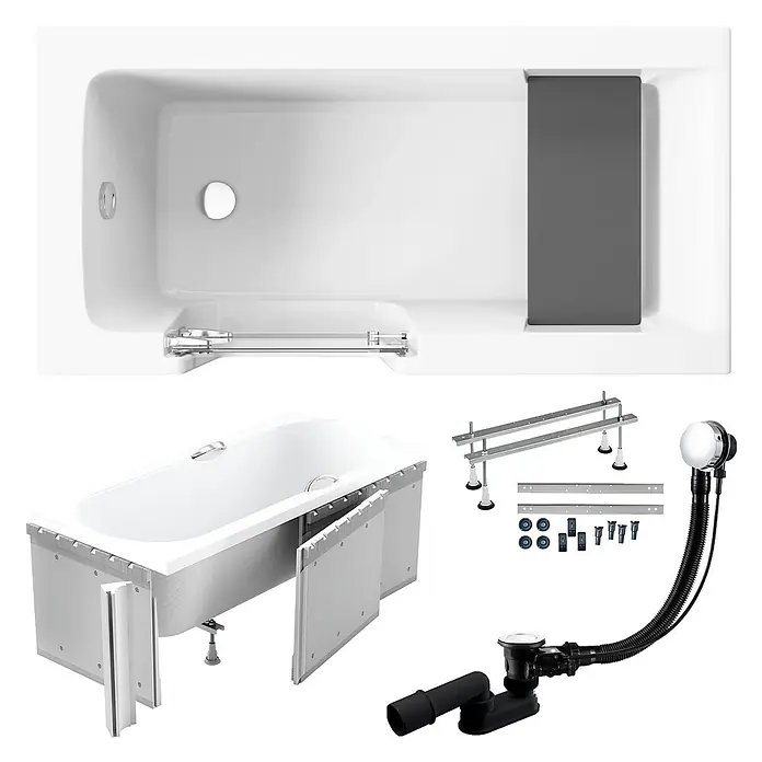 Bad Land Freistehende Badewanne VOVO Wanne 140 x 70 cm links Weiß Tür und Sitz, Set mit Styroporverkleidung - Acryl, Weiß