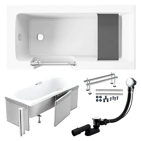 Bad Land  Freistehende Badewanne VOVO Wanne 140 x 70 cm links Weiß Tür und Sitz, Set mit Styroporverkleidung