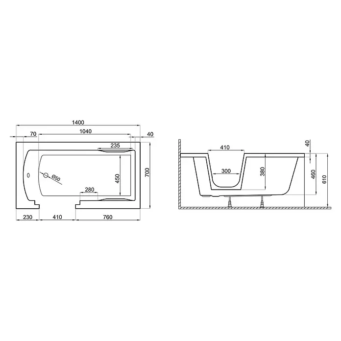 Bad Land Freistehende Badewanne VOVO Wanne 140 x 70 cm links Weiß Tür und Sitz, Set mit Styroporverkleidung - Acryl, Weiß