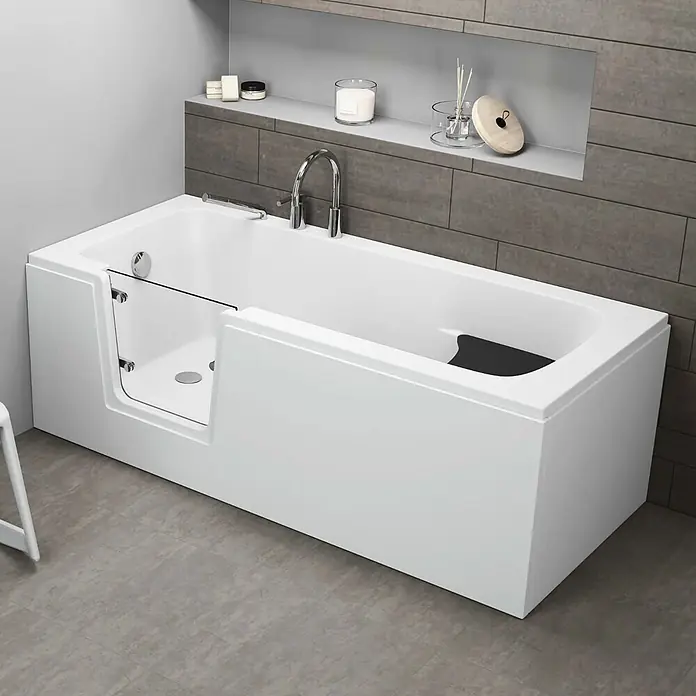 Bad Land Freistehende Badewanne VOVO Wanne 140 x 70 cm links Weiß Tür und Sitz, Set mit Styroporverkleidung - Acryl, Weiß
