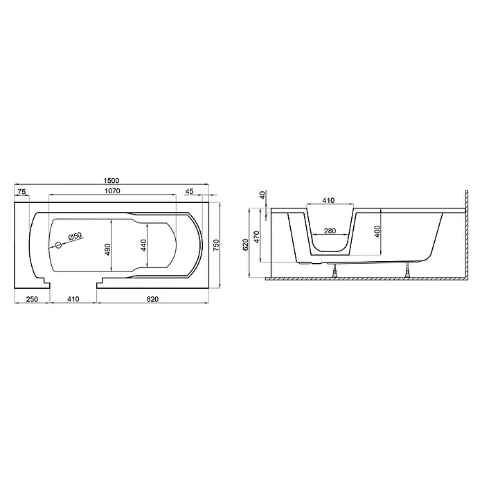 Bad Land Freistehende Badewanne VOVO Wanne 150 x 75 cm links Weiß Tür und Sitz, Set mit Styroporverkleidung - Acryl, Weiß