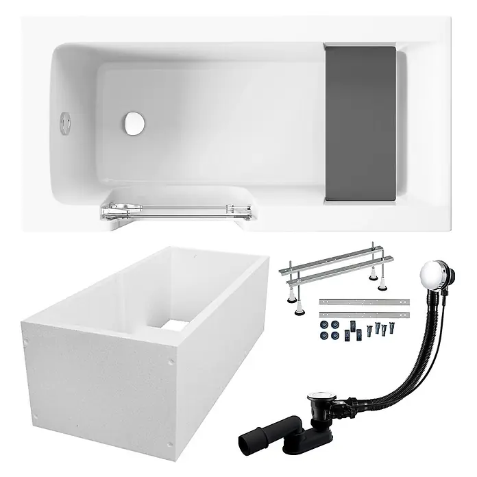 Bad Land Freistehende Badewanne VOVO Wanne 140 x 70 cm links Weiß, Tür und Sitz, Set mit Wannenträger - Acryl, Weiß