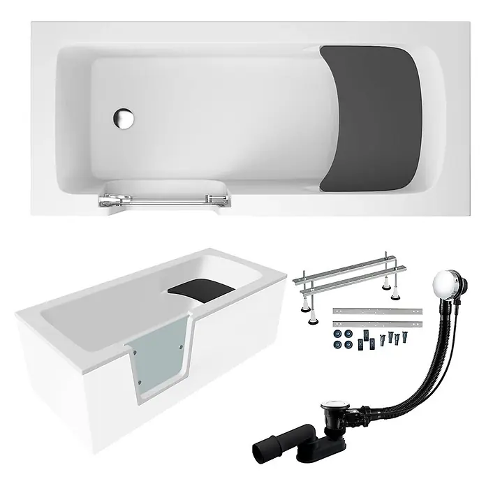 Bad Land Freistehende Badewanne VOVO Seniorenbadewanne 180 x 80 cm links Weiß, mit Tür und Sitz - Acryl, Weiß