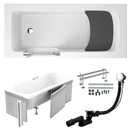 Bad Land  Freistehende Badewanne VOVO Wanne 180 x 80 cm links Weiß Tür und Sitz, Set mit Styroporverkleidung