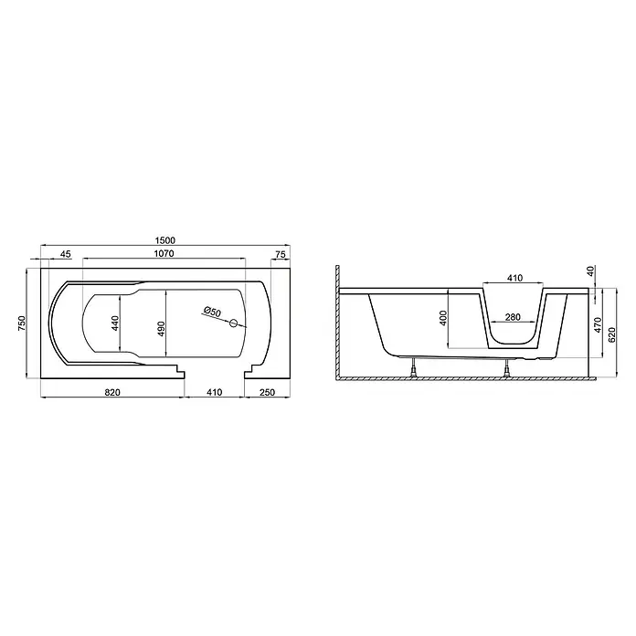 Bad Land Freistehende Badewanne AVO Wanne 150 x 75 cm rechts Weiß Tür und Sitz, Set mit Styroporverkleidung - Acryl, Weiß